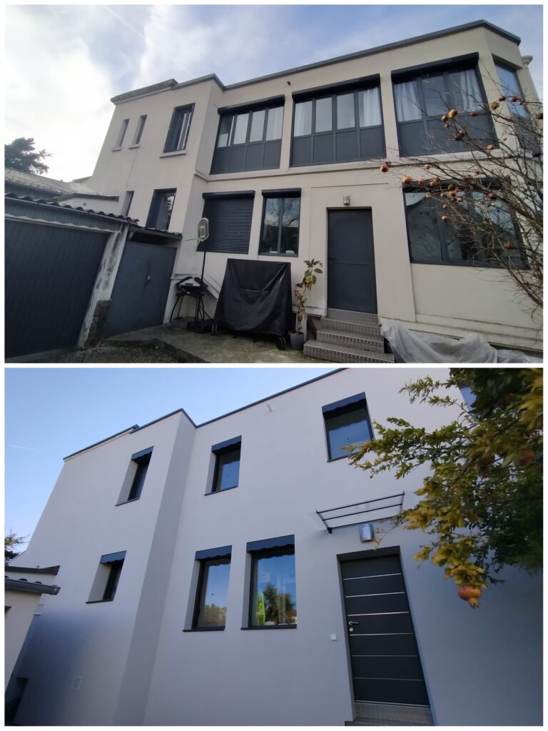 Avant / Après de la façade comprenant remplacement des menuiseries et modification des ouvertures + intégration volets roulants moustiquaires. Isolation par l'extérieur.